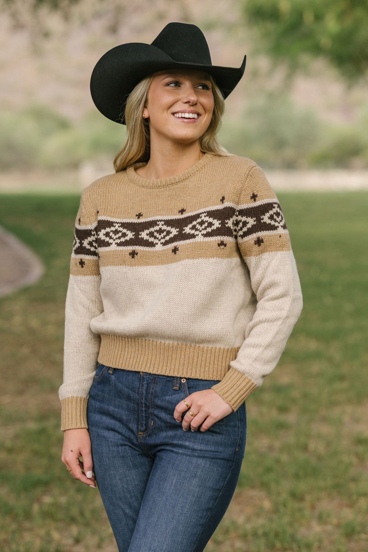 Kimes Ranch Chama Crew sweater in Oatmeal with brown and cream geometric pattern across chest