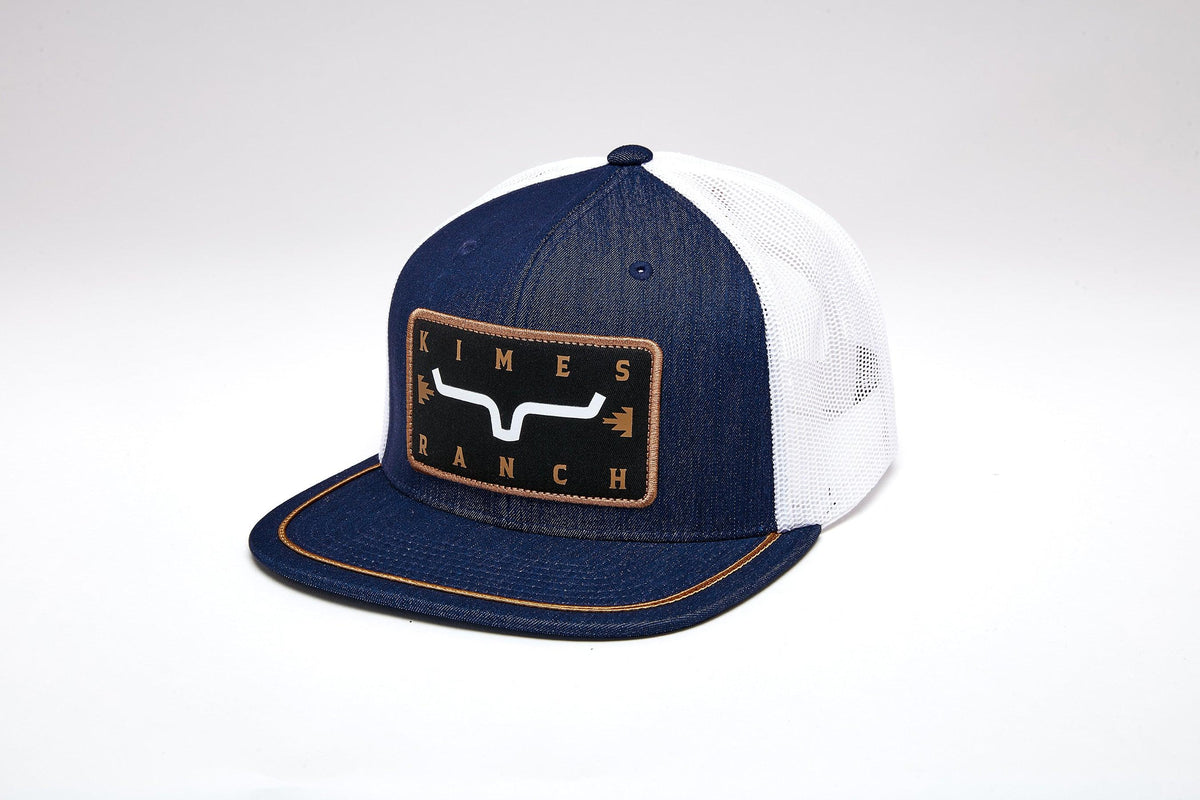 Kimes Ranch Edwin denim trucker hat with white mesh back and embroidered Kimes Ranch logo patch; #color_denim