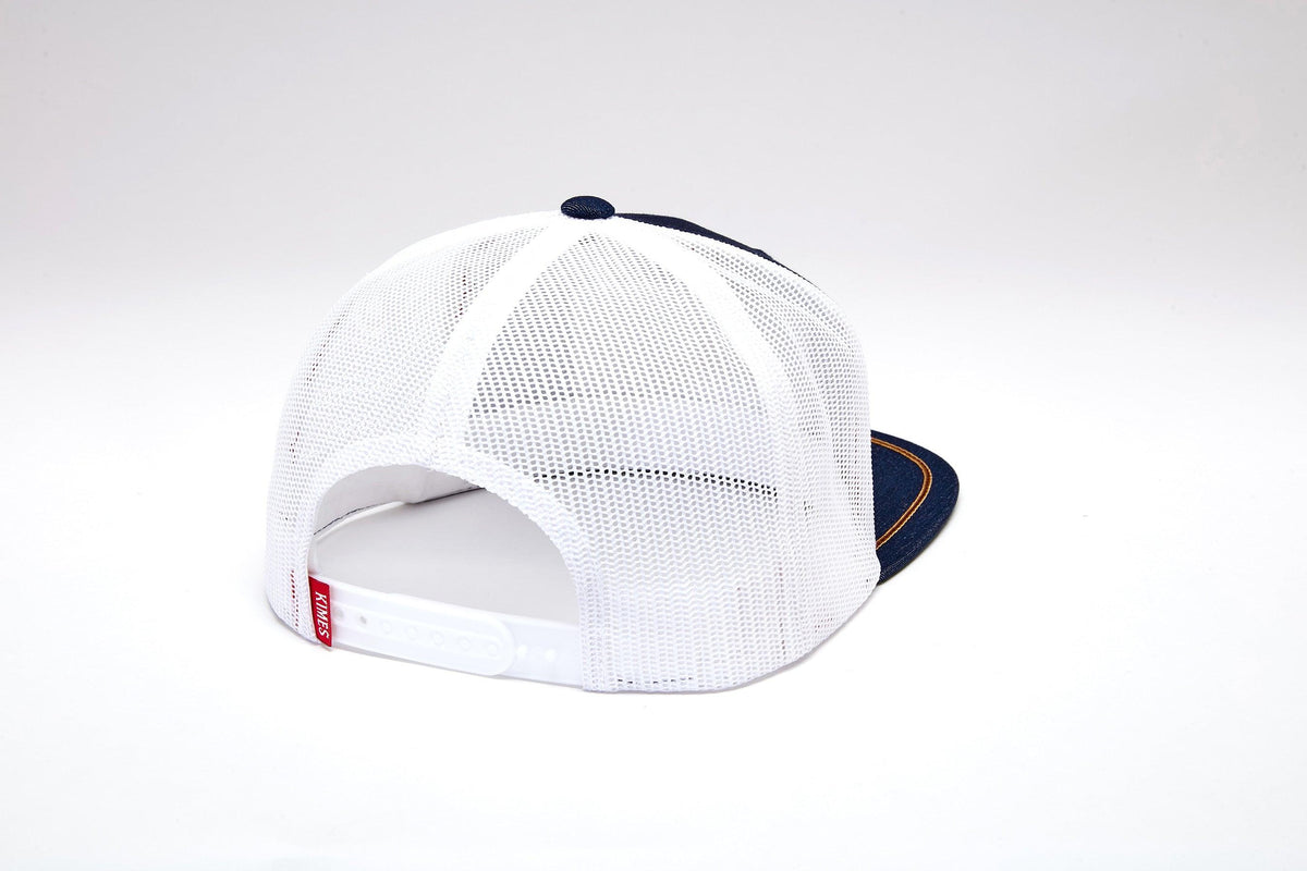 Kimes Ranch Edwin Hat in denim with white mesh back and red Kimes Ranch logo tag; #color_denim