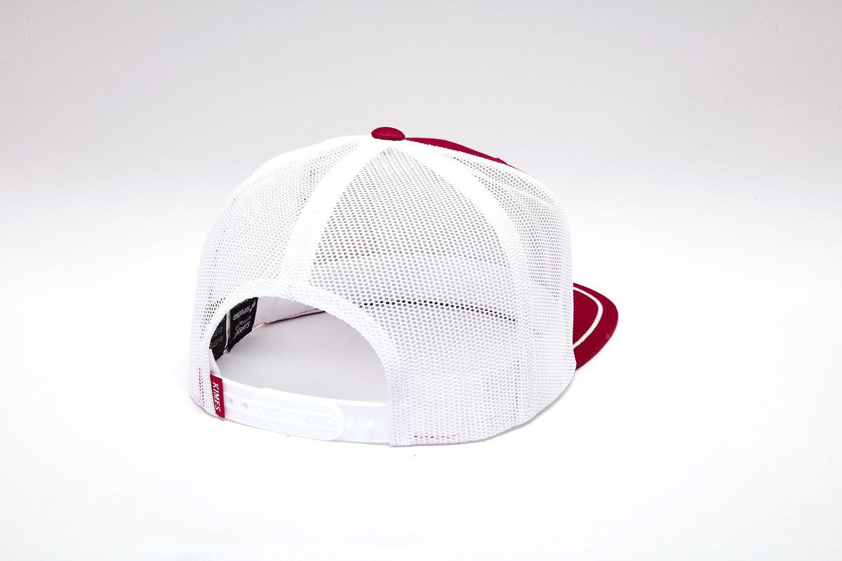 Kimes Ranch Edwin hat in red, showing white mesh back, adjustable strap, and Kimes Ranch logo; #color_red