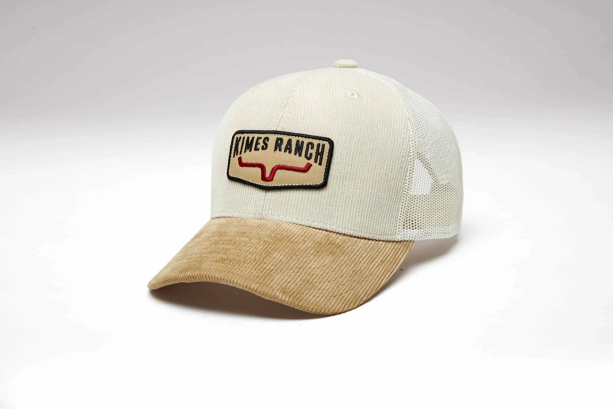 Kimes Ranch Fourteen trucker hat in natural with a corduroy brim and embroidered Kimes Ranch logo patch; #color_natural