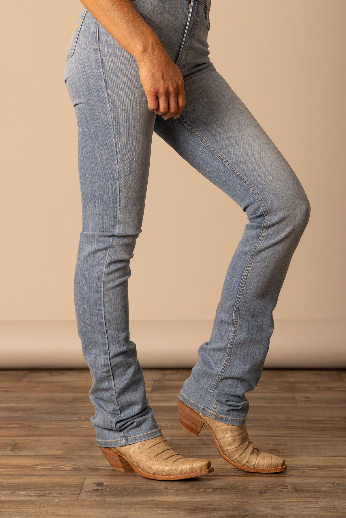 Kimes Ranch Sarah jeans in light wash, featuring a slim fit and visible stitching; #color_light wash