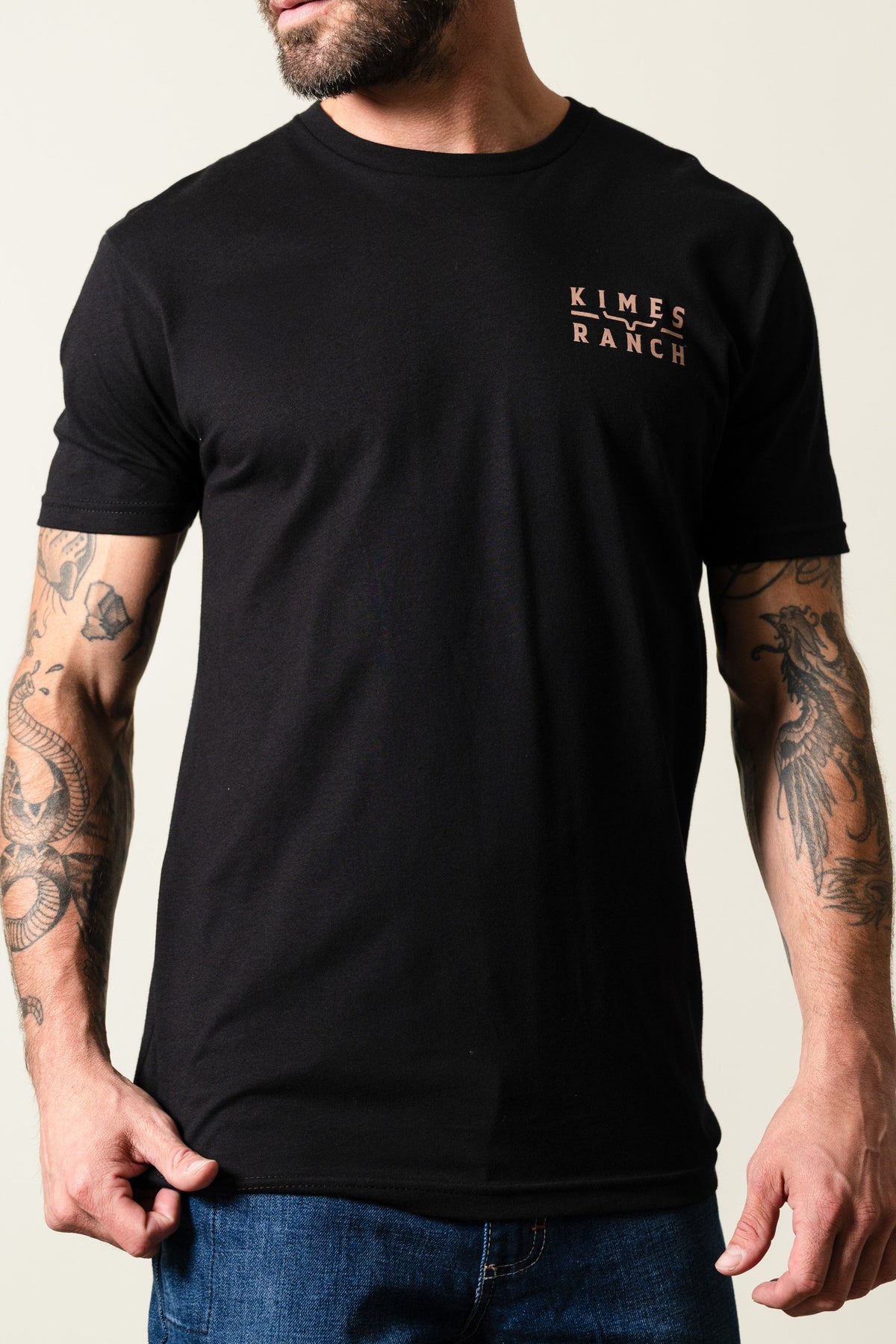 Kimes Ranch Back Branded short sleeve crew neck shirt in black with logo at left chest; #color_black