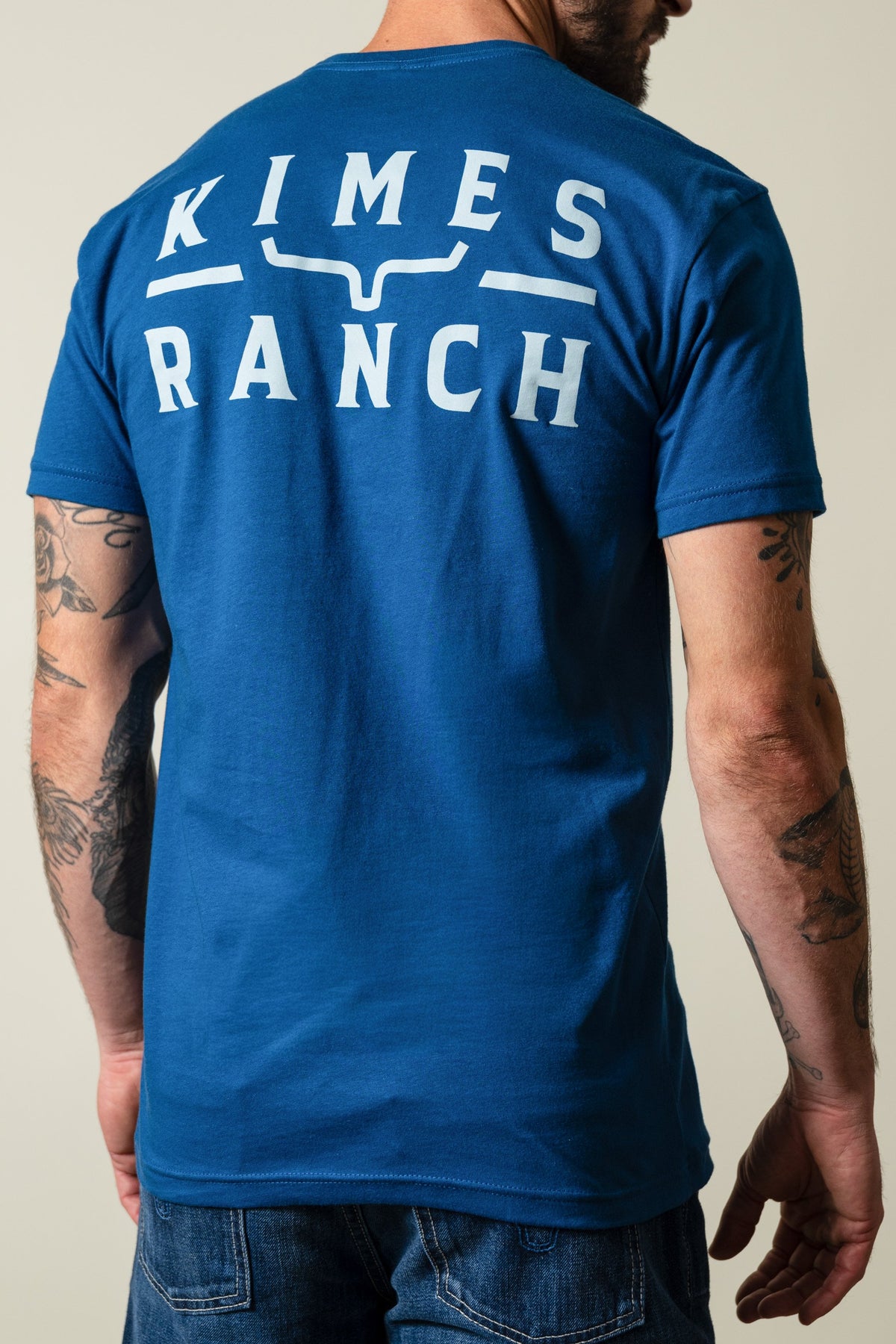 Kimes Ranch Back Branded shirt in Cool Blue featuring the Kimes Ranch logo; #color_cool blue