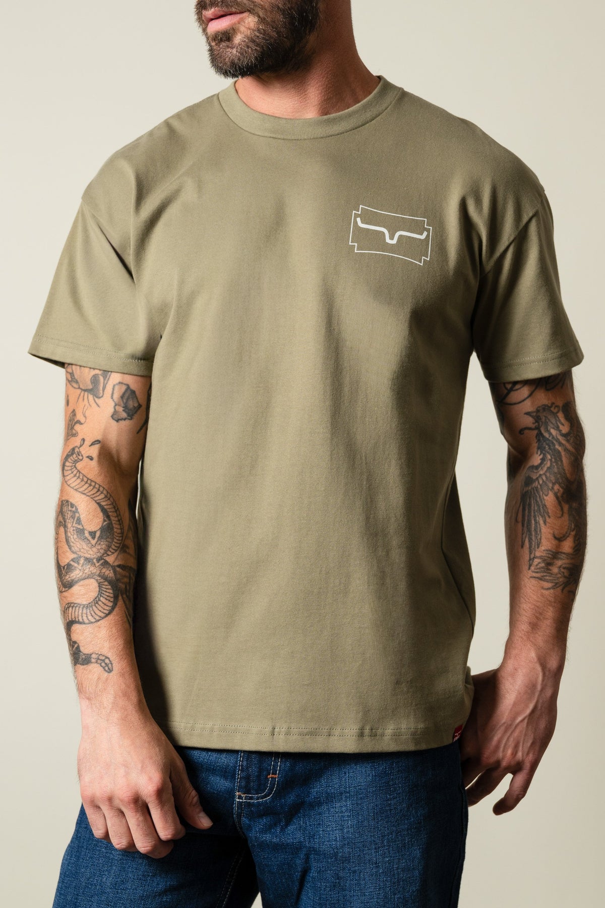 Kimes Ranch Camo Crest light olive short sleeve crew neck t-shirt with white Kimes Ranch logo on chest; #color_light olive