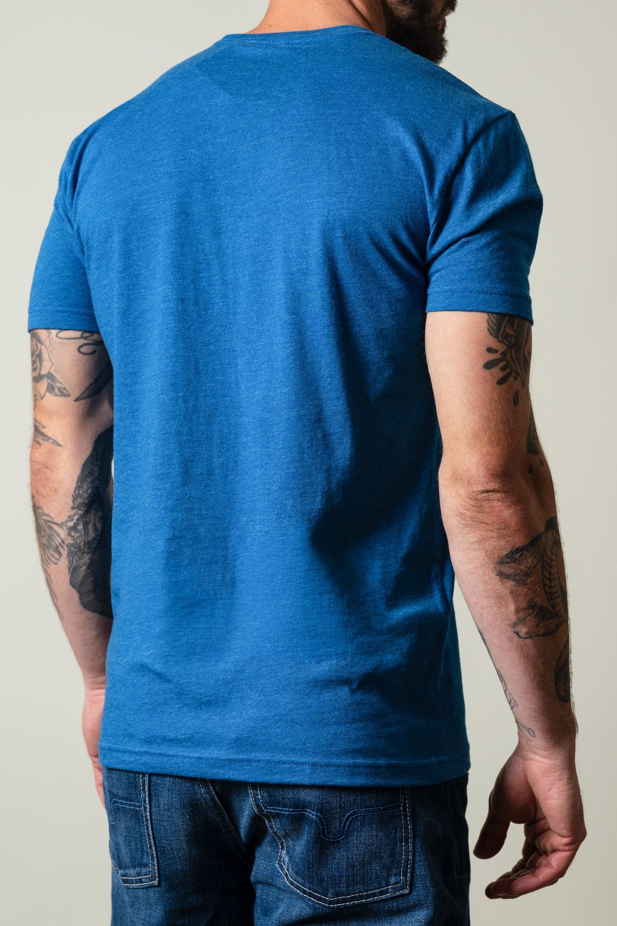 Kimes Ranch Davona Dale Heather Cool Blue short sleeve t-shirt back view; #color_heather cool blue