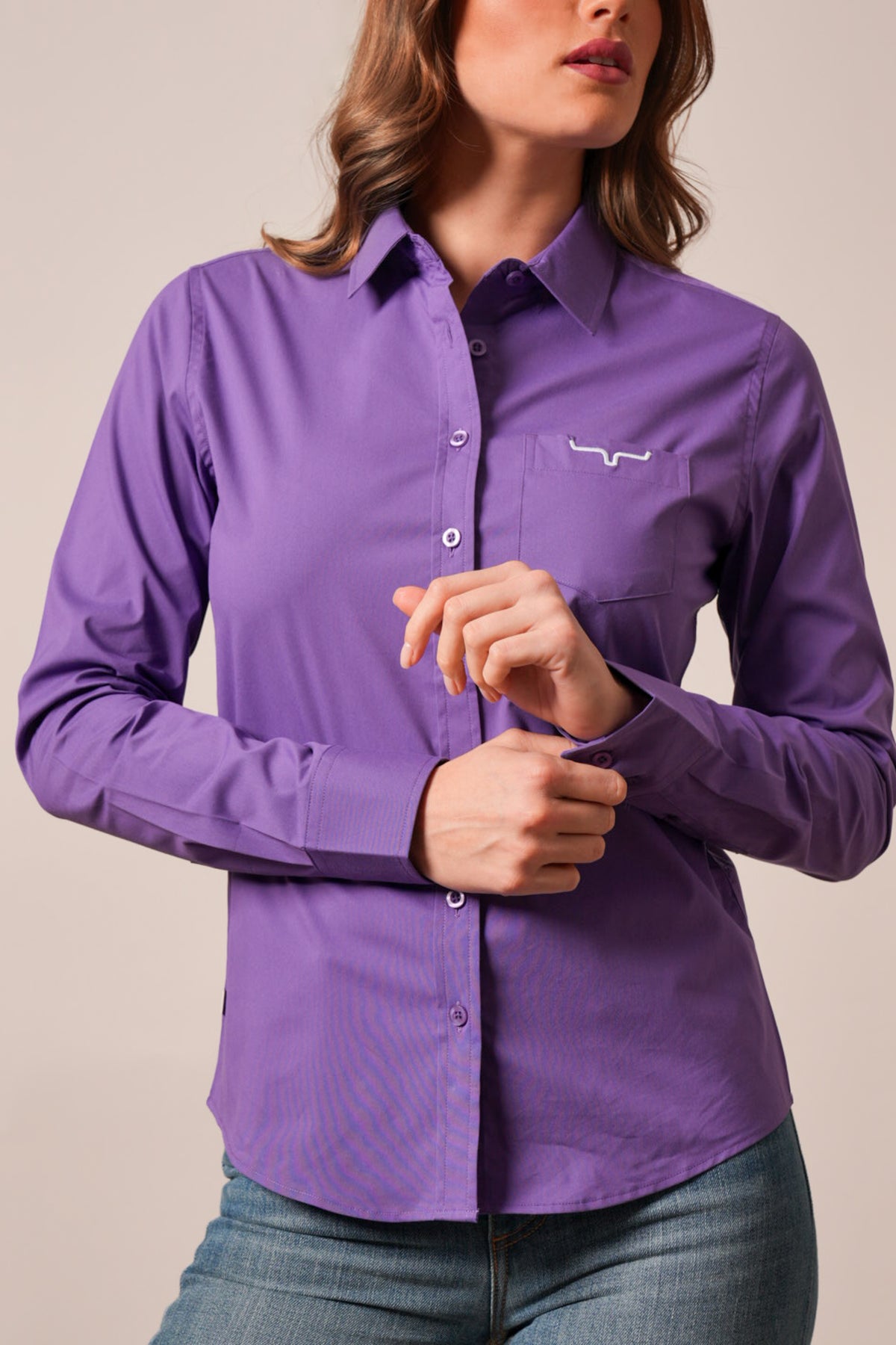 Kimes Ranch KR Team Shirt in purple with long sleeves, pointed collar, single chest pocket, and Kimes Ranch logo