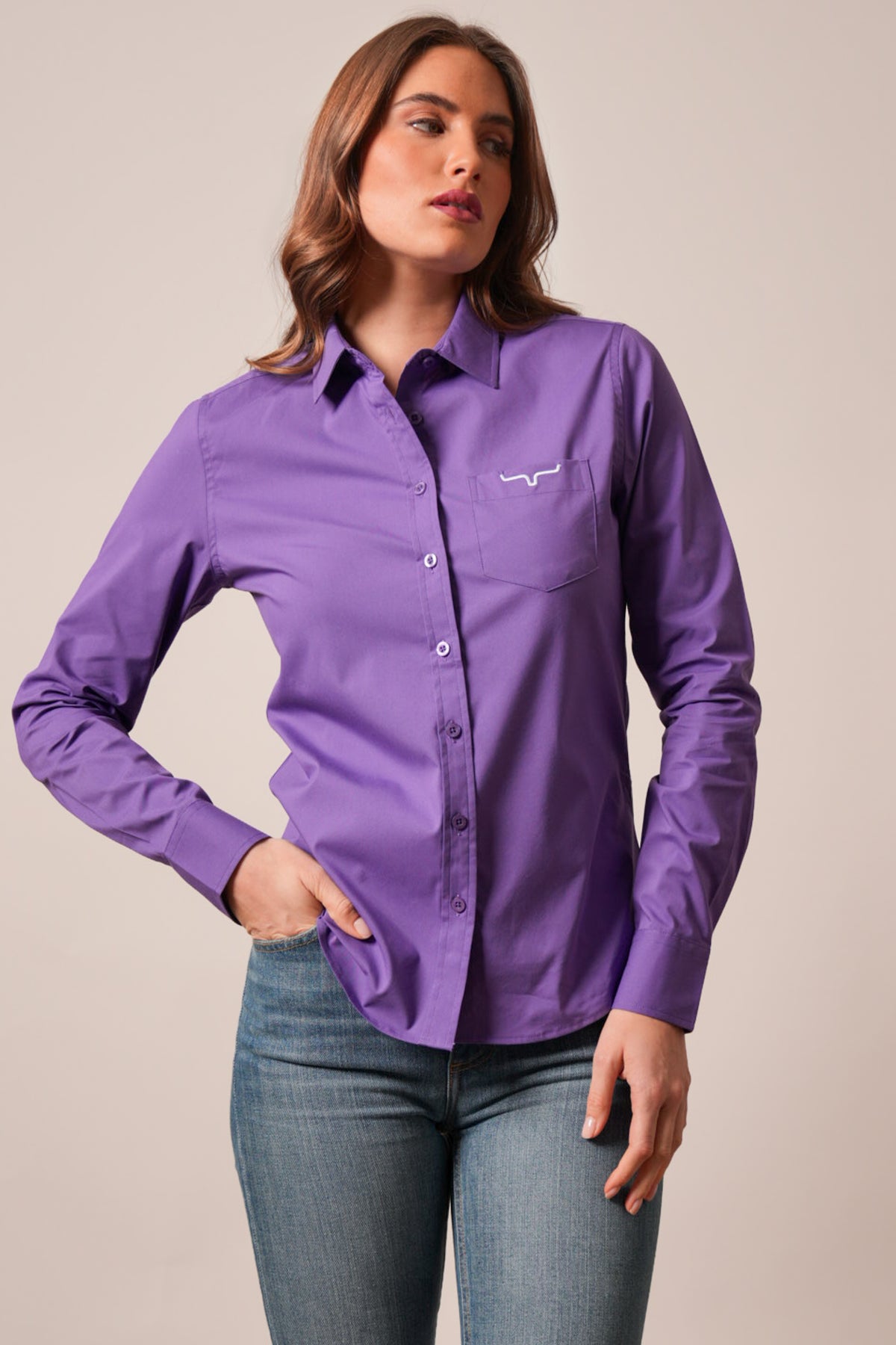 Kimes Ranch KR Team Shirt in purple with long sleeves, a classic collar, and a chest pocket featuring the Kimes Ranch logo
