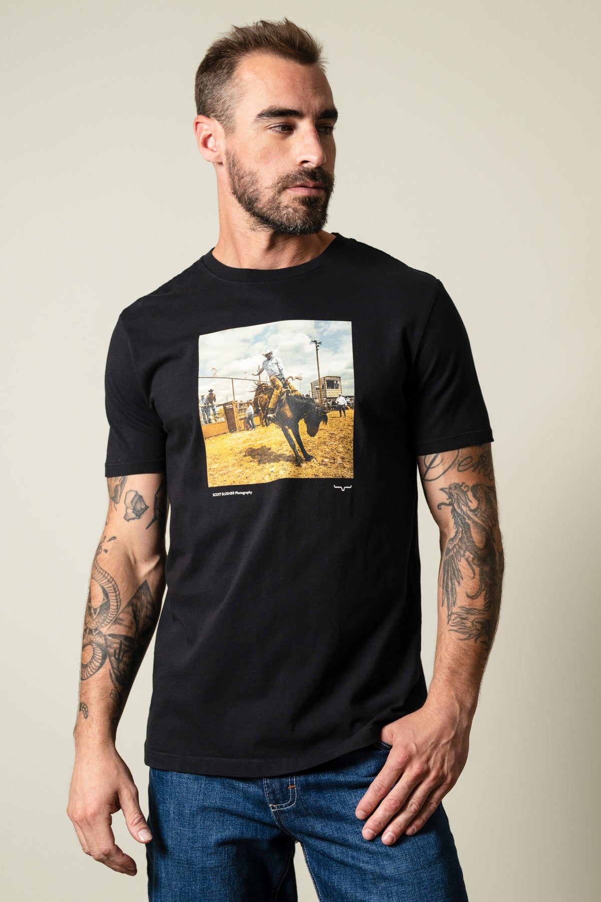 Kimes Ranch SS Classic Event black crewneck tee with rodeo graphic, Scott Bulmer Photography credit and Kimes Ranch logo; #color_black