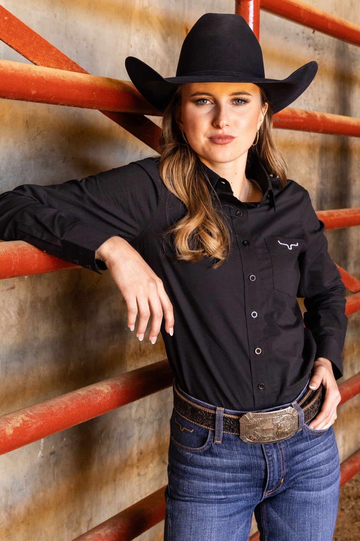 Kimes Ranch Ladies KR Team Shirt in black, long sleeve button-up with chest pocket and Kimes Ranch logo