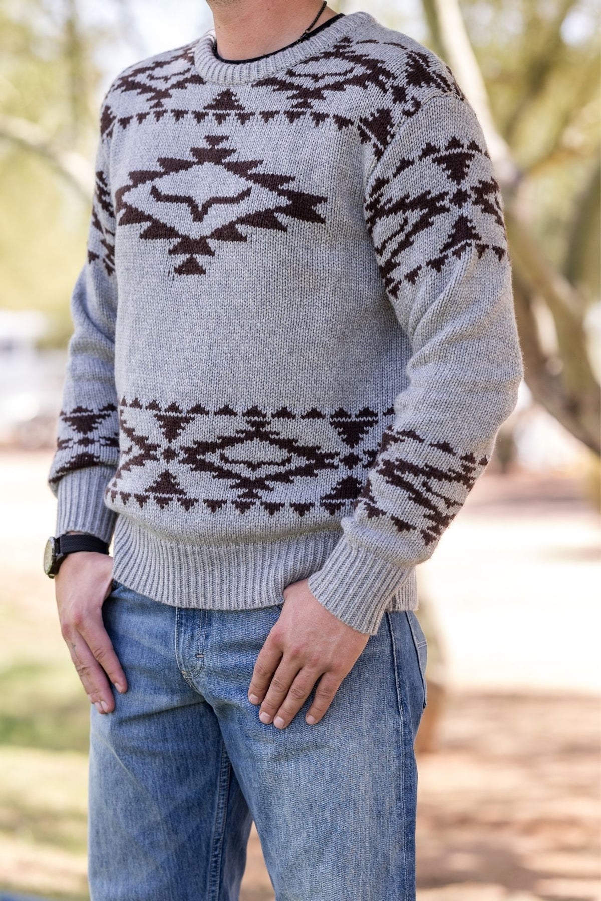 Kimes Ranch Mescalero Crew sweatshirt in grey heather with brown geometric knit patterns