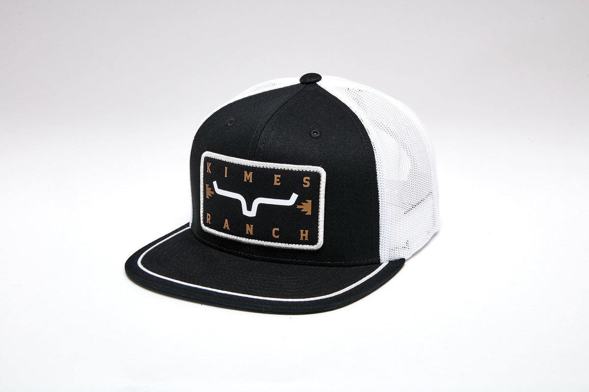 Kimes Ranch Edwin black trucker hat with white mesh back and front Kimes Ranch logo patch; #color_black