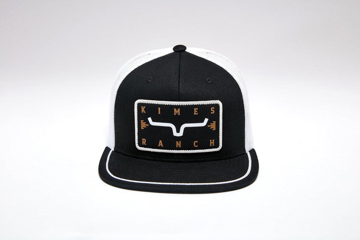 Kimes Ranch Edwin black trucker hat with white mesh back and embroidered Kimes Ranch logo patch; #color_black