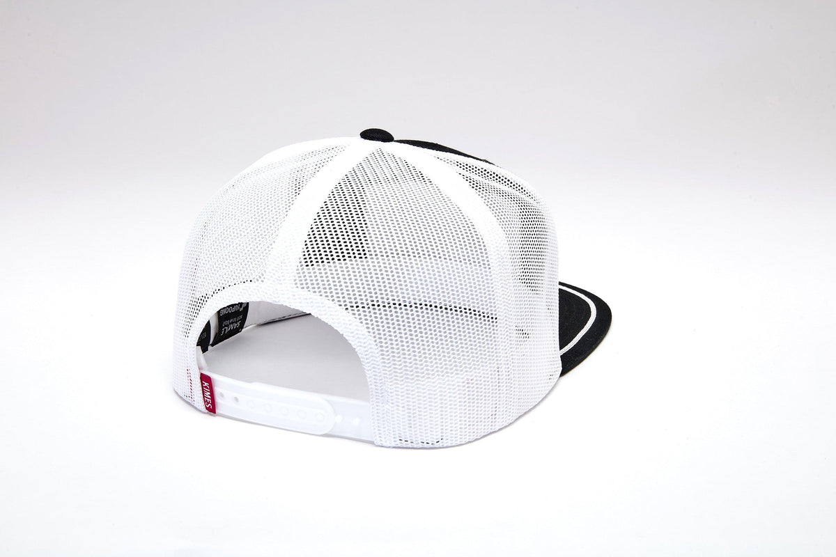 Kimes Ranch Edwin hat in black, showing white mesh back, adjustable strap, and logo; #color_black