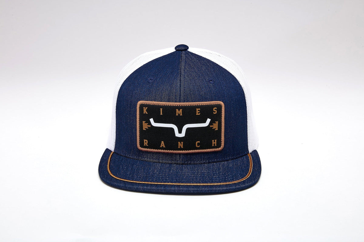 Kimes Ranch Edwin denim trucker hat with white mesh back and embroidered Kimes Ranch logo patch; #color_denim