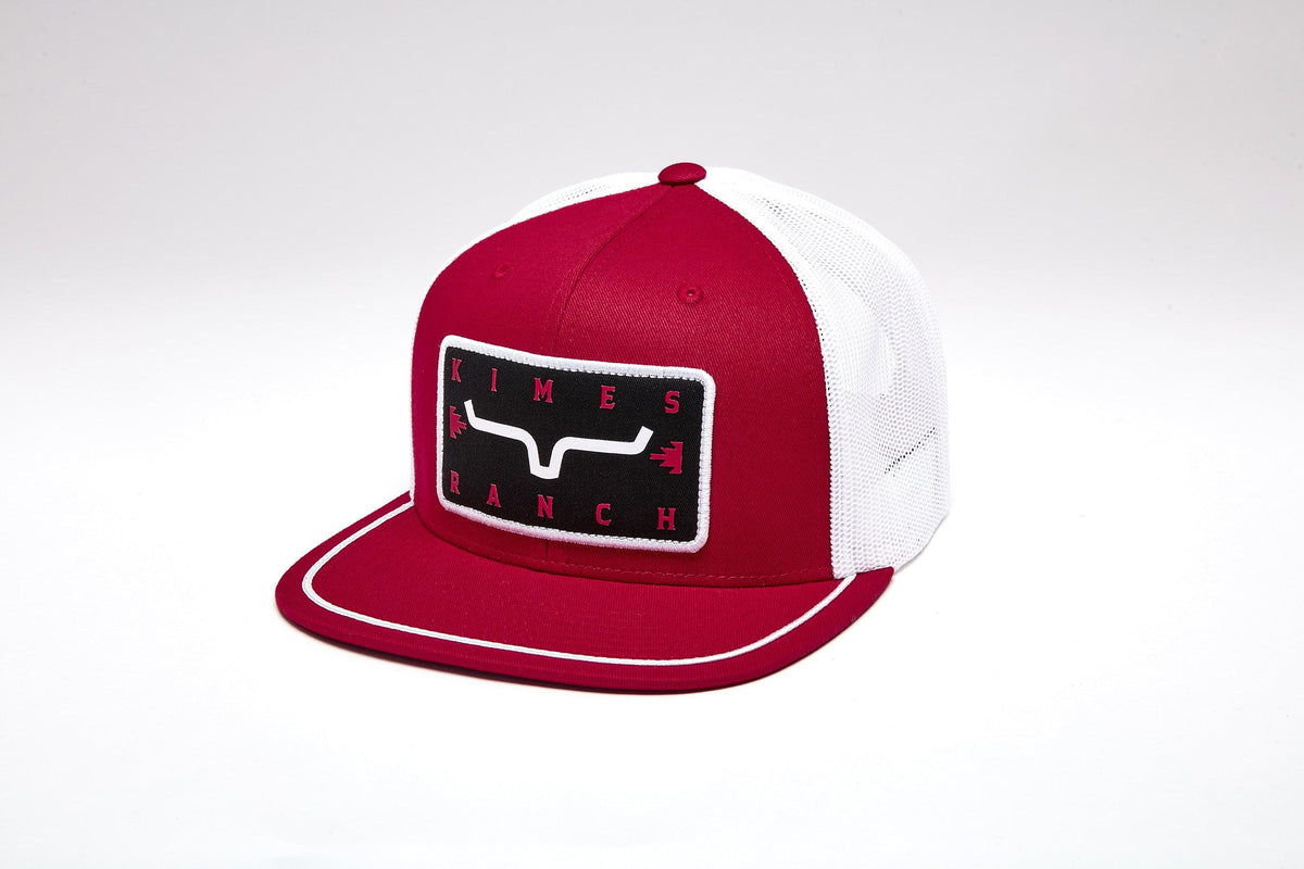 Kimes Ranch Edwin red trucker hat with white mesh back and embroidered Kimes Ranch logo patch; #color_red
