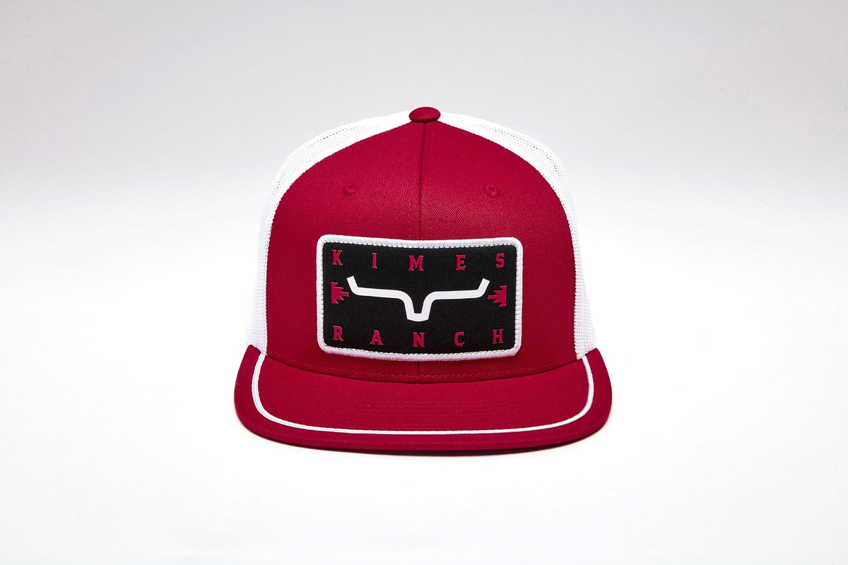 Kimes Ranch Edwin red trucker hat with white mesh back and front Kimes Ranch logo patch; #color_red