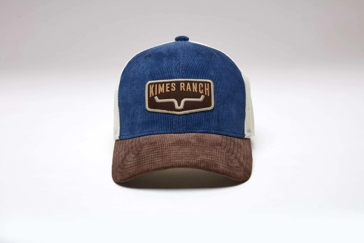 Kimes Ranch Fourteen blue corduroy trucker hat with brown brim and embroidered Kimes Ranch logo patch; #color_blue