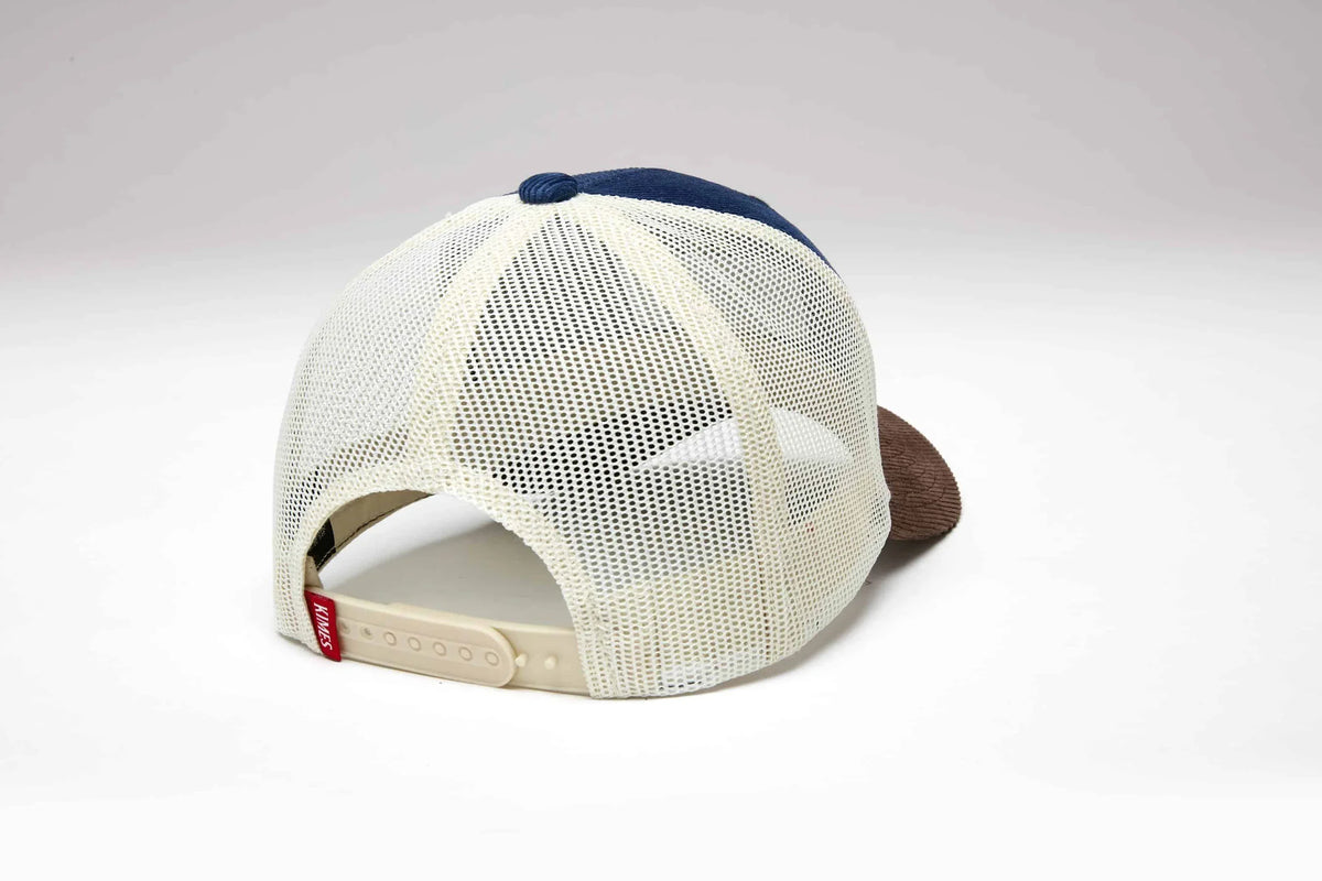 Kimes Ranch Fourteen hat in blue with cream mesh back and brown brim; #color_blue