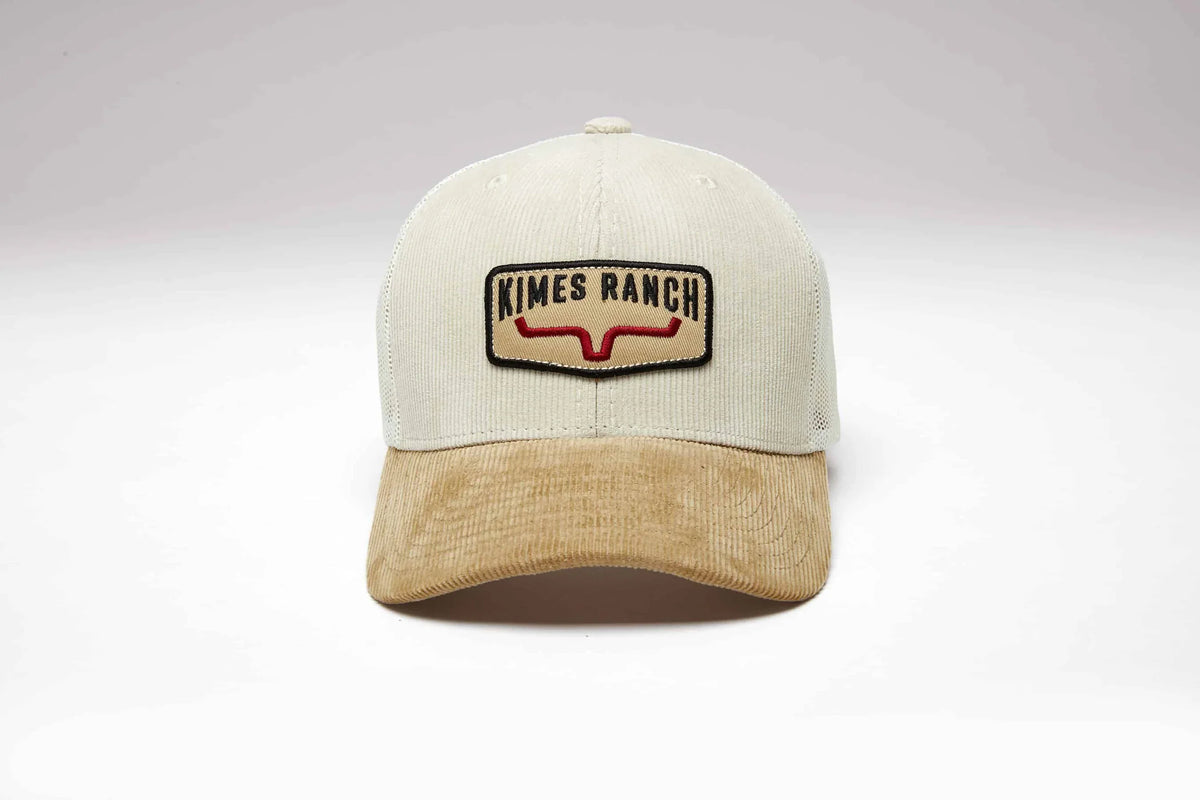 Kimes Ranch Fourteen natural corduroy trucker hat with embroidered Kimes Ranch logo patch on front; #color_natural