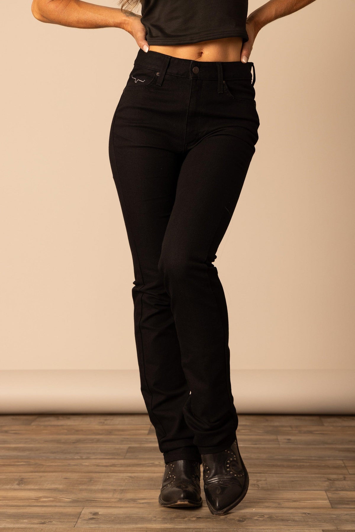 Kimes Ranch Sarah black jeans with a slim fit and the Kimes Ranch logo on the back pocket; #color_black