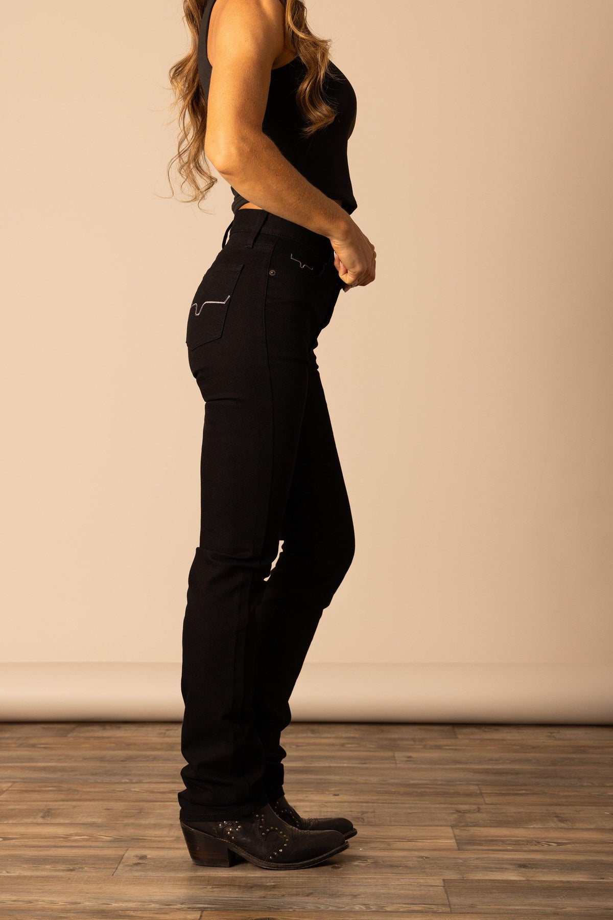 Kimes Ranch Sarah black jeans with white contrast stitching on back pockets; #color_black