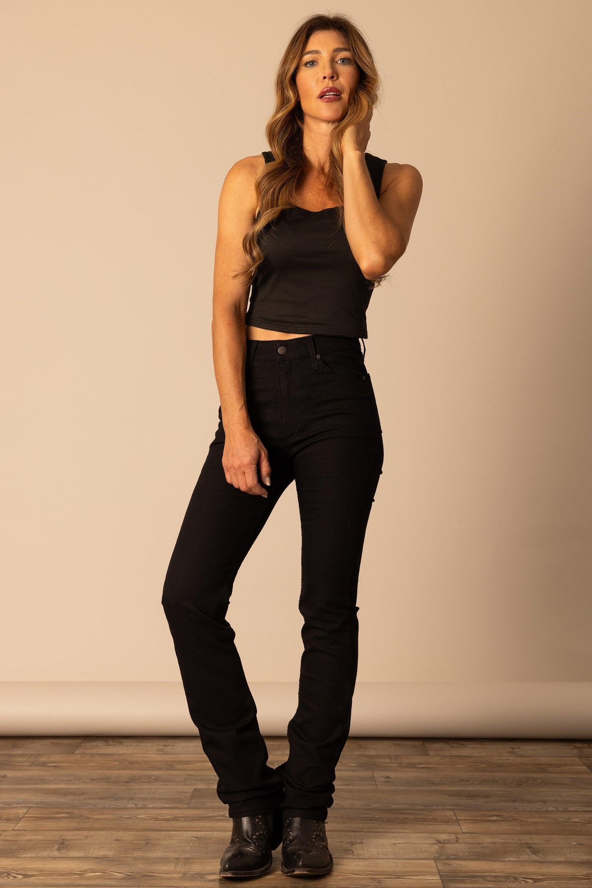 Kimes Ranch Sarah black jeans with a straight leg silhouette and five-pocket styling; #color_black