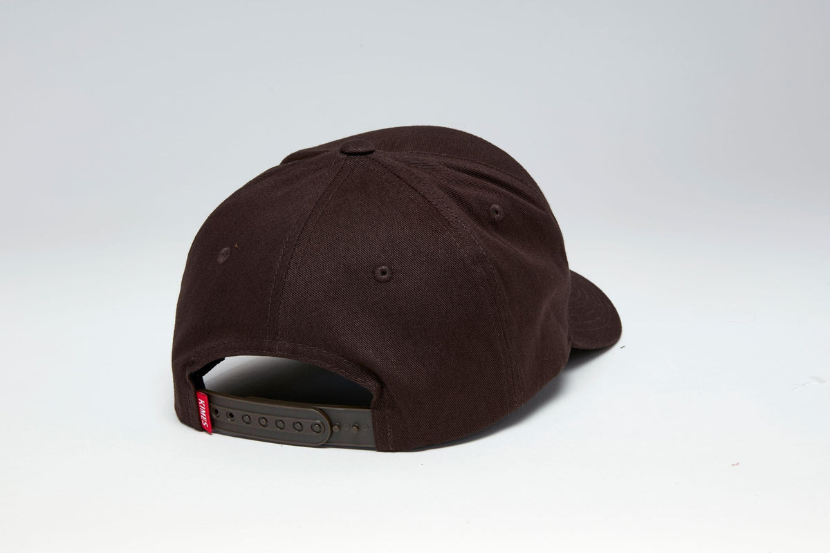 Kimes Ranch 66 dark brown six-panel hat with adjustable strap and red Kimes Ranch logo tab; #color_dark brown