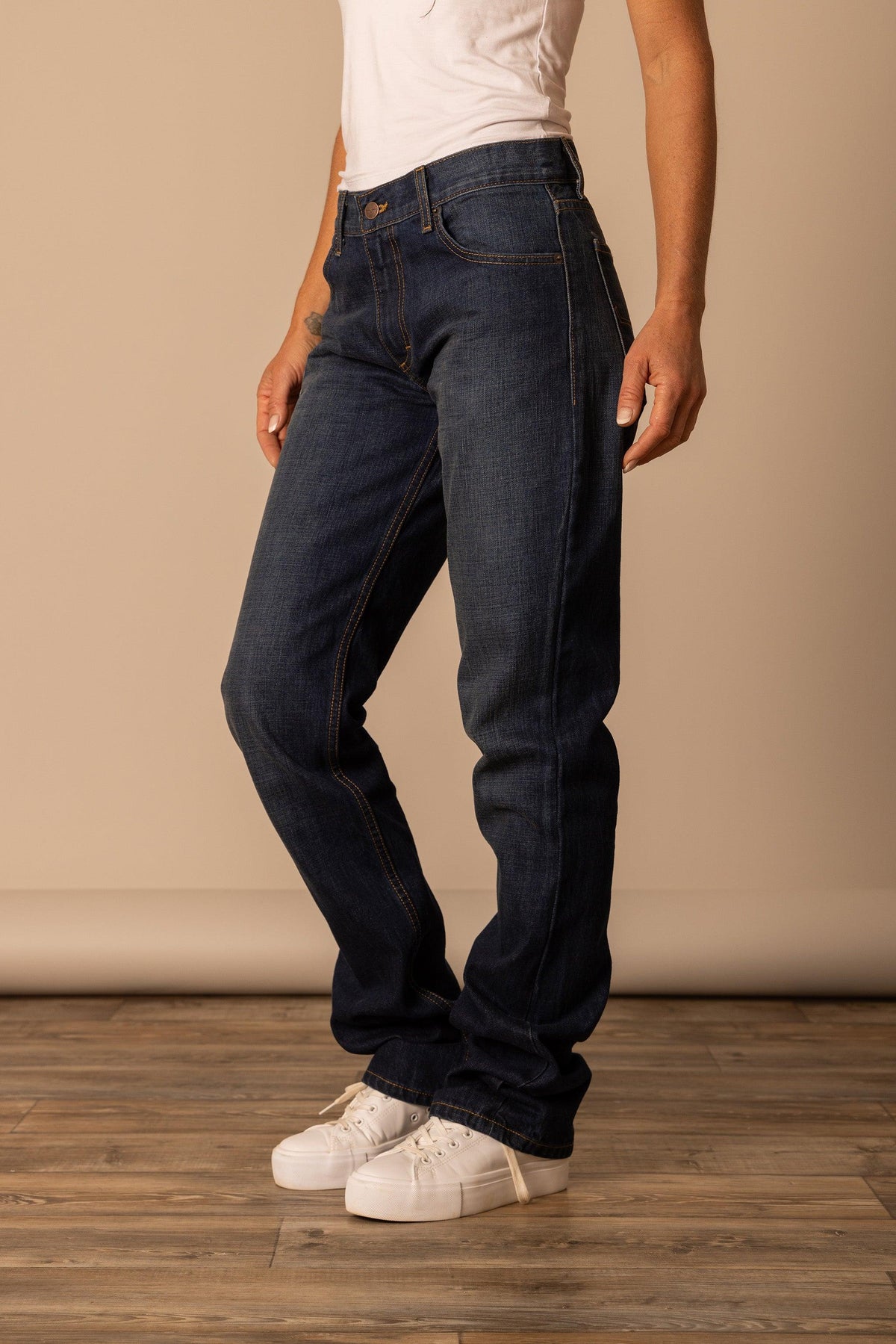 Kimes Ranch Brooks jeans in dark wash with contrast stitching and five-pocket styling; #color_dark wash