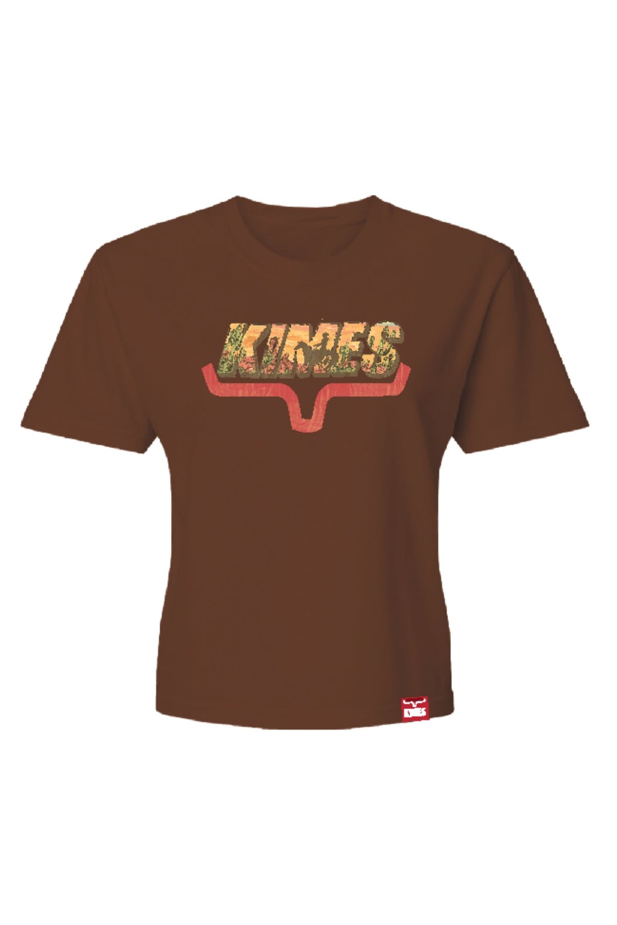 Kimes Ranch Cheers brown short sleeve shirt with KIMES graphic and Kimes Ranch logo; #color_brown