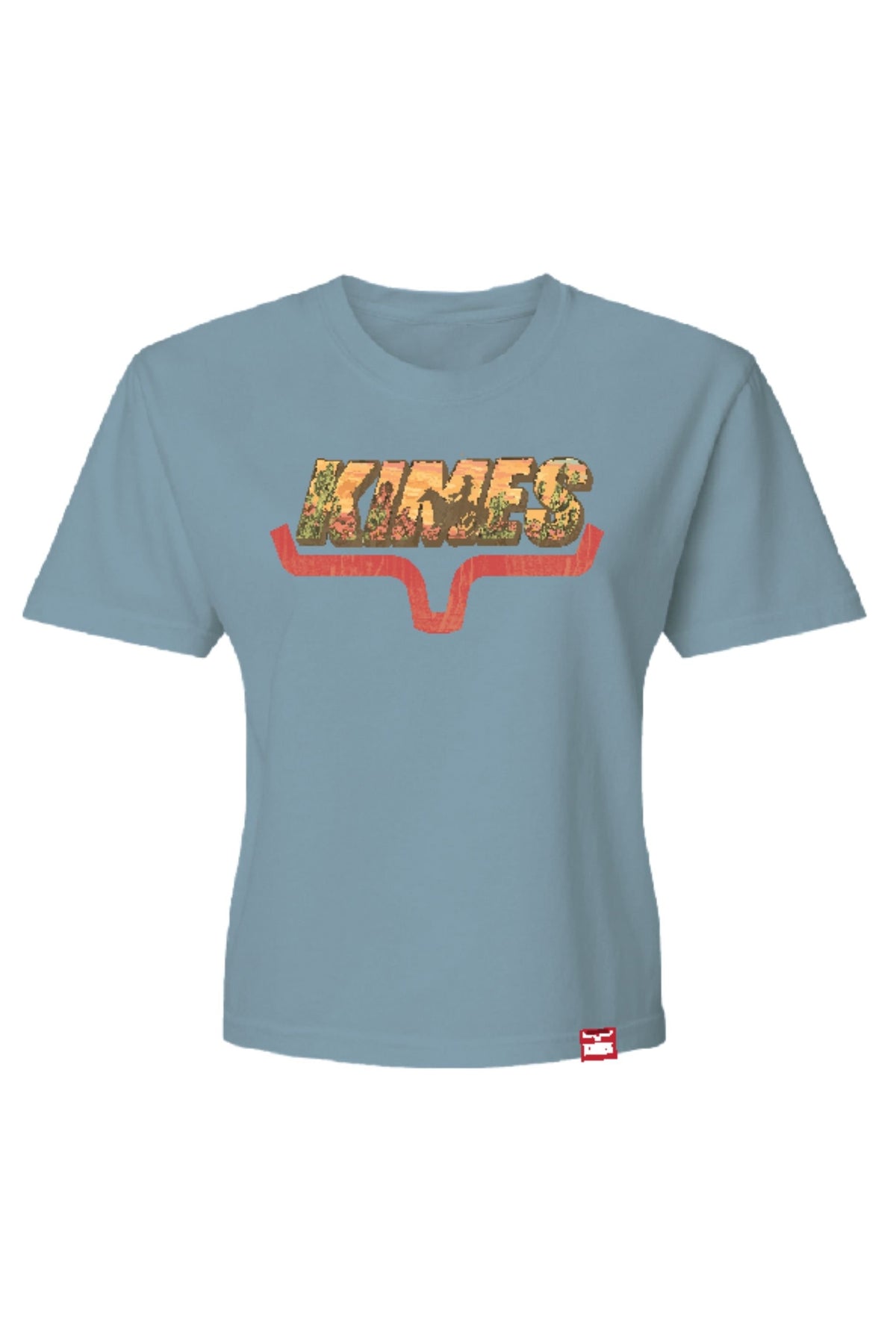 Kimes Ranch Cheers shirt in Faded Denim with a graphic print of the word KIMES and a red longhorn logo; #color_faded denim