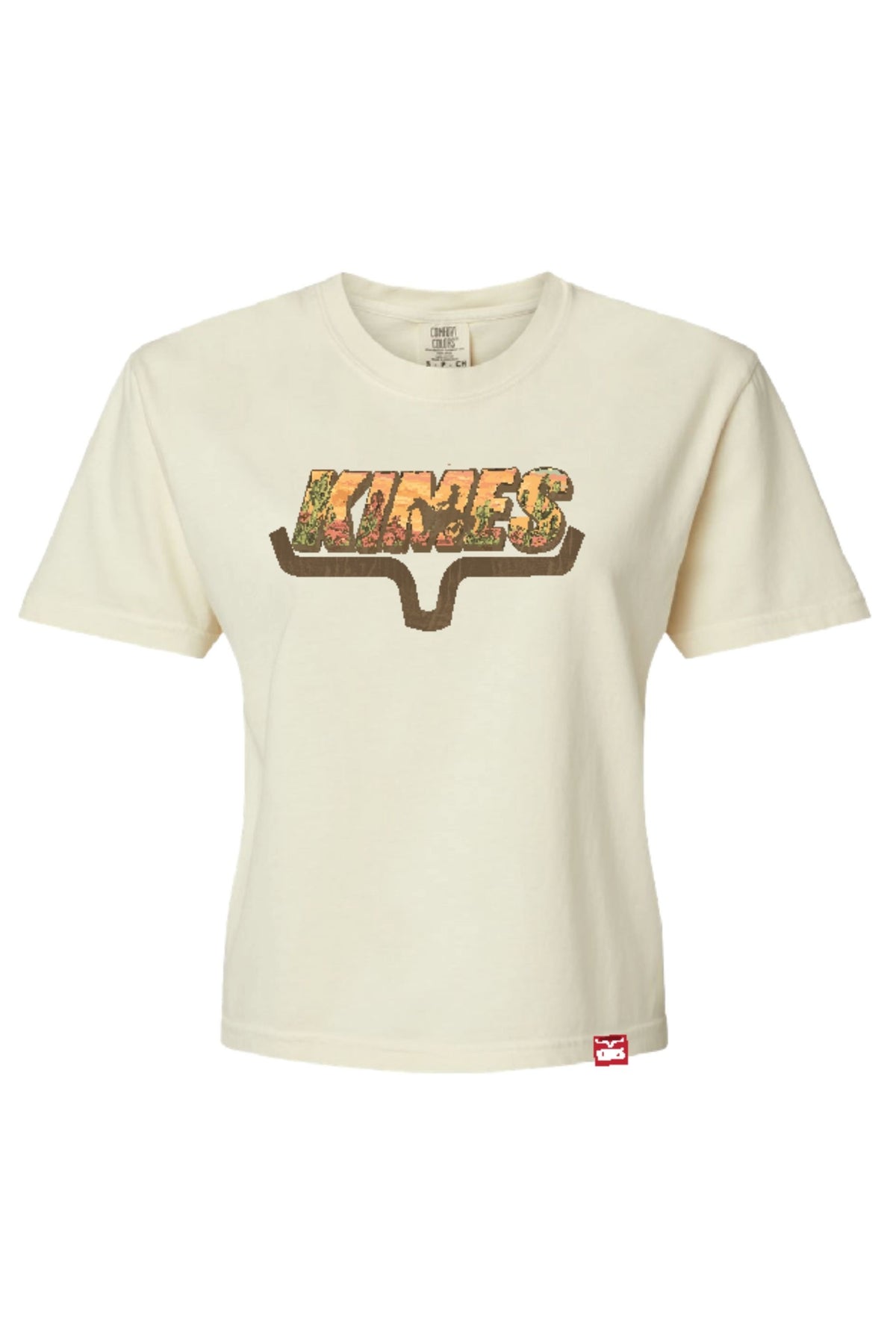 Kimes Ranch Cheers short sleeve t-shirt in natural with a graphic print of the word KIMES in a longhorn shape; #color_natural