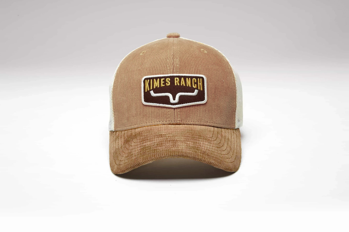 Kimes Ranch Fourteen hat in Work Wear brown corduroy with white mesh back and embroidered Kimes Ranch logo patch; #color_ww brown
