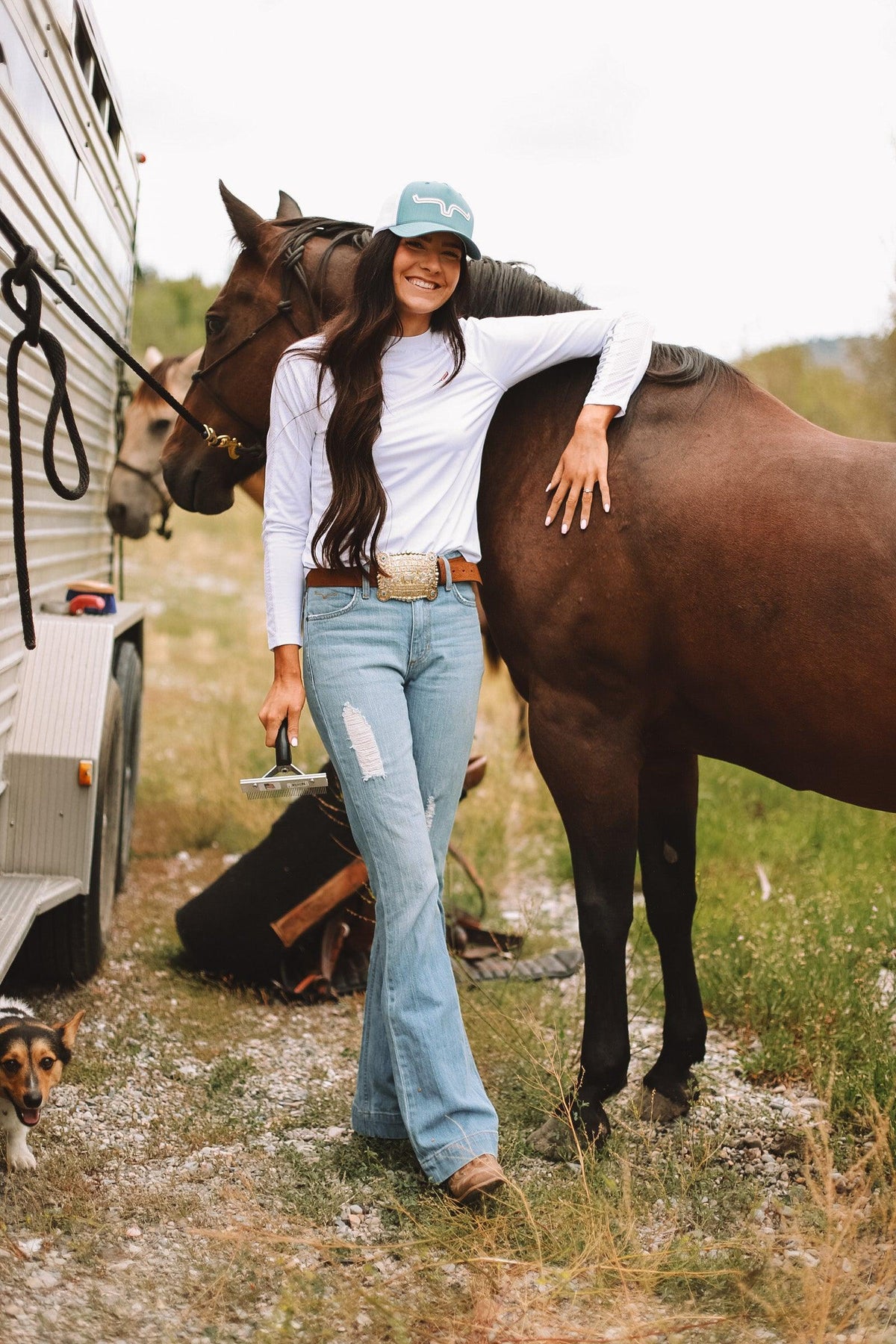Kimes Ranch Jennifer Dark Wash jeans in fade, featuring a distressed knee and flared leg; #color_sugar fade