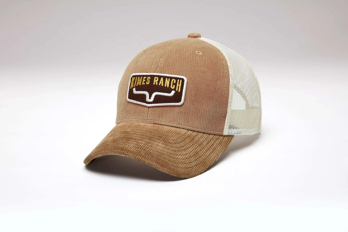 Kimes Ranch Fourteen Work Wear Brown corduroy trucker hat with mesh back and embroidered logo patch; #color_ww brown