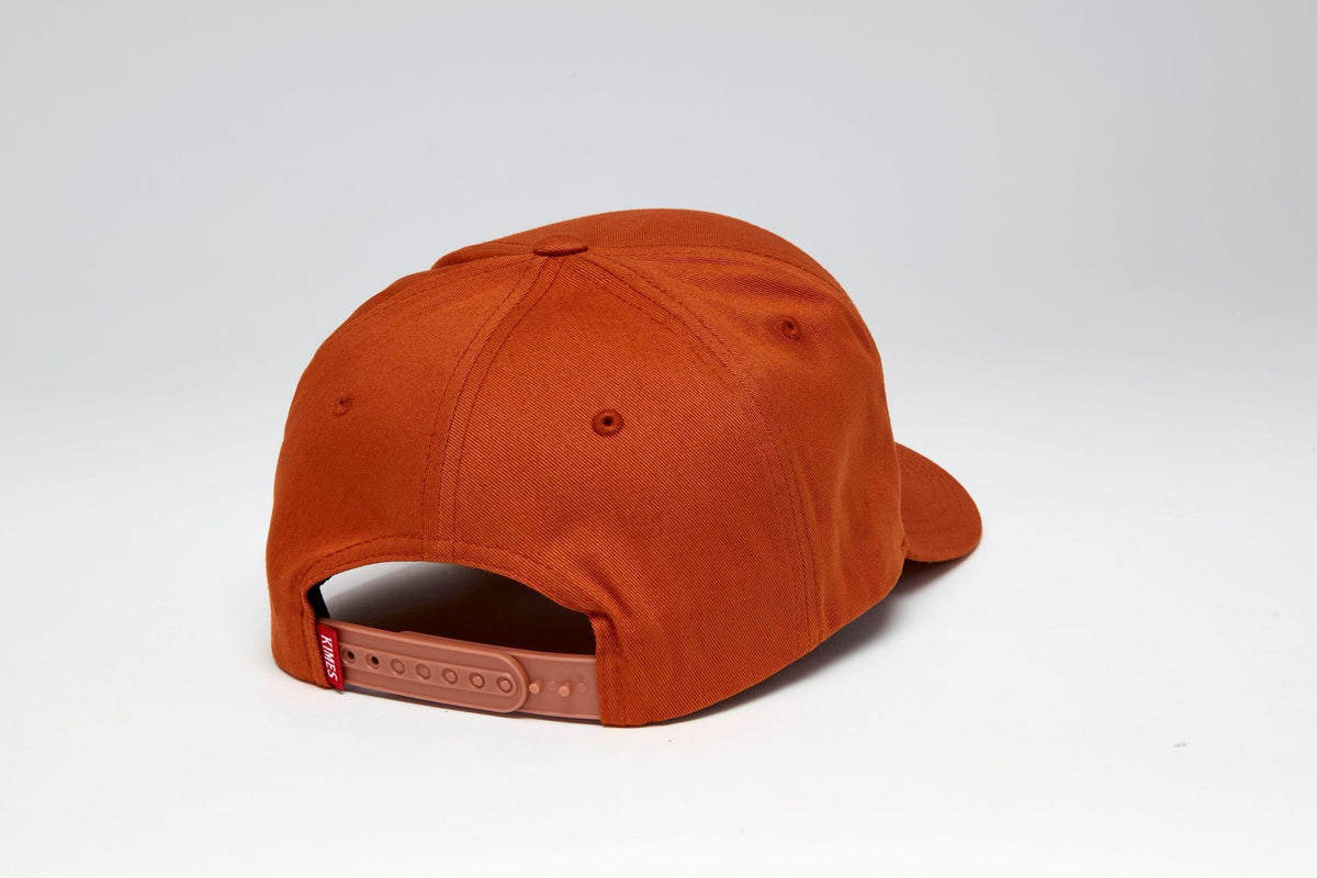 Kimes Ranch 66 burnt orange hat showing back with adjustable strap and logo; #color_burnt orange