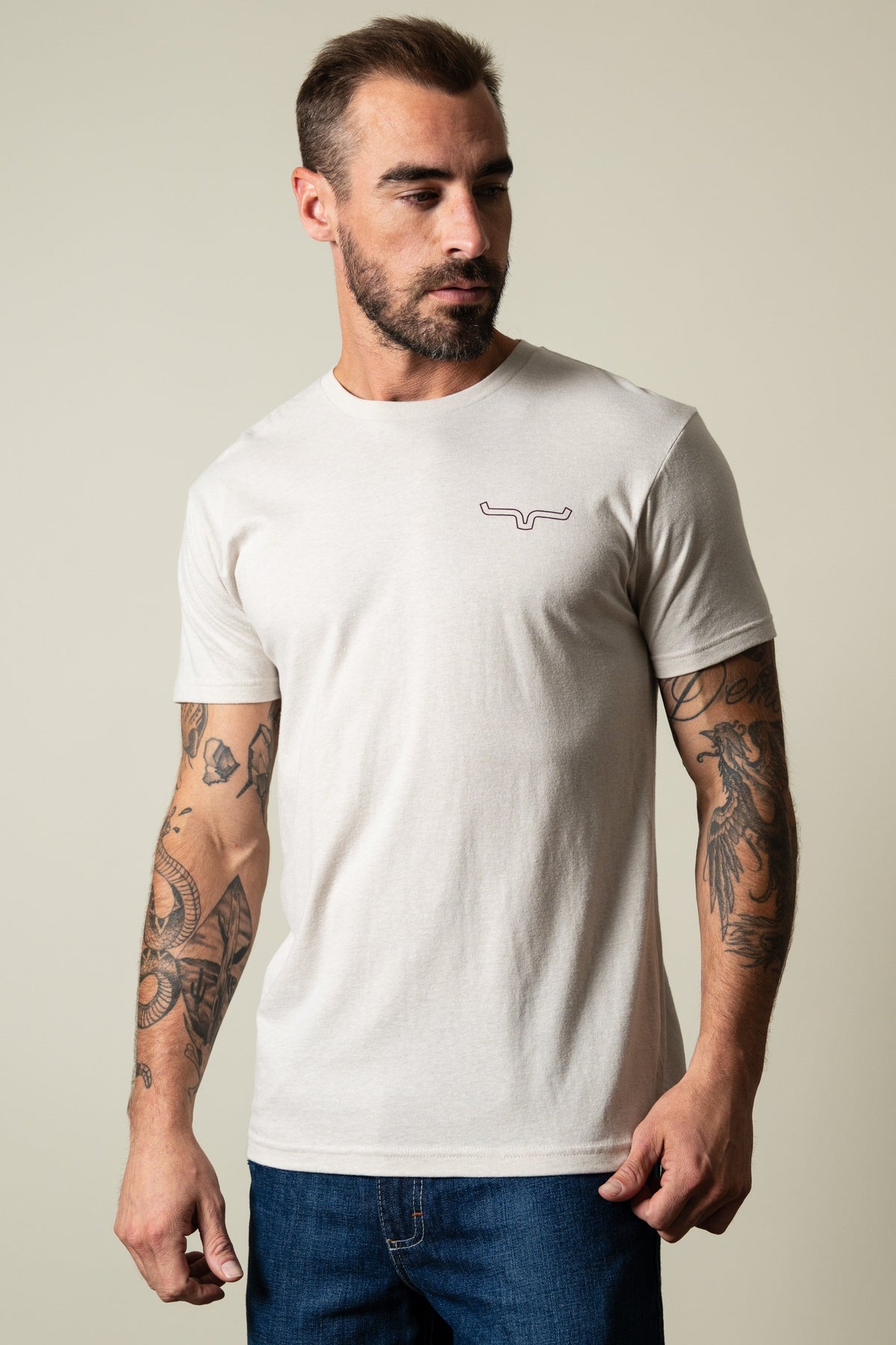 Kimes Ranch Camo Back short sleeve crew neck t-shirt in sand with embroidered Kimes Ranch logo at left chest; #color_sand