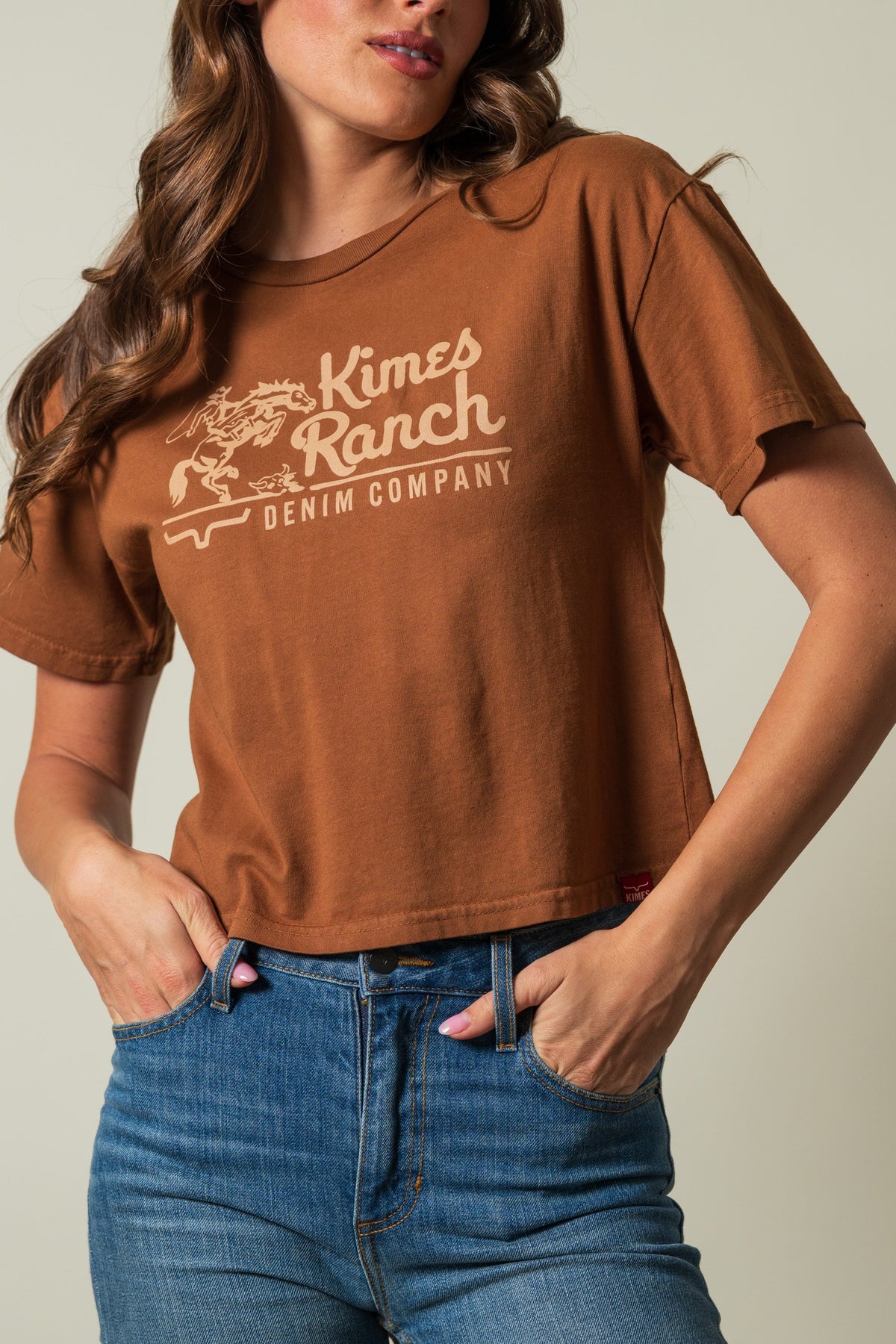 Kimes Ranch Davona Dale shirt in Brown with vintage graphic reading Kimes Ranch DENIM COMPANY and logo; #color_brown