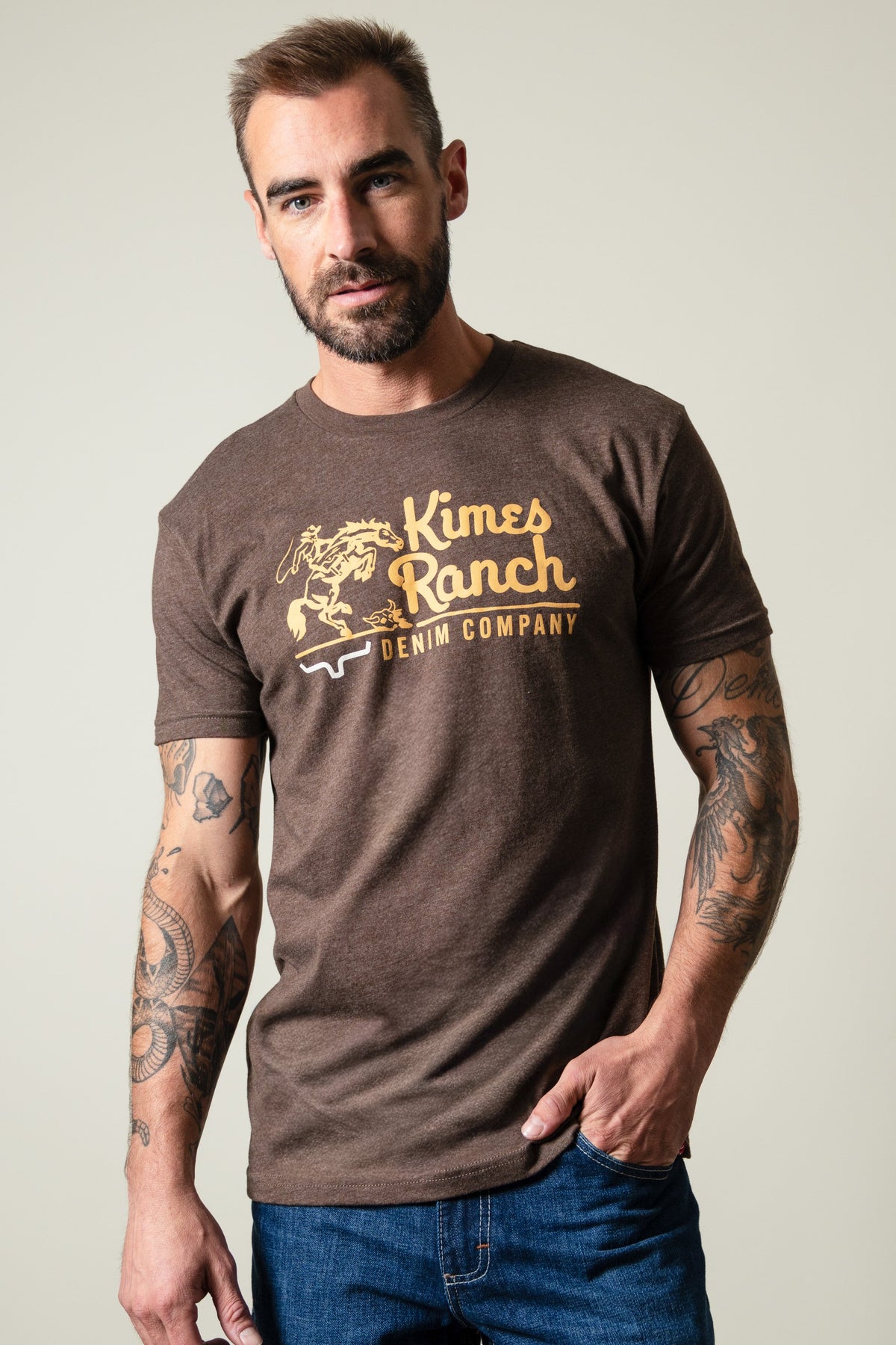 Kimes Ranch Davona Dale Espresso t-shirt with front Kimes Ranch Denim Company graphic; #color_espresso