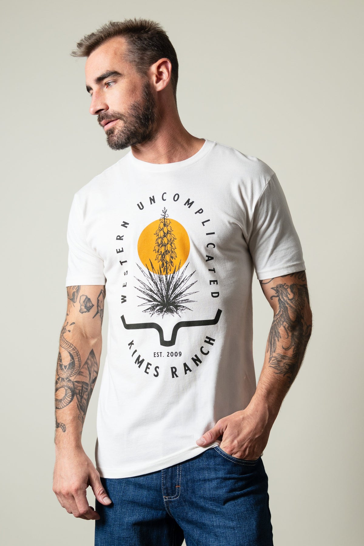 Kimes Ranch Drought Resistant shirt in Bone with a Western Uncomplicated yucca plant graphic; #color_bone