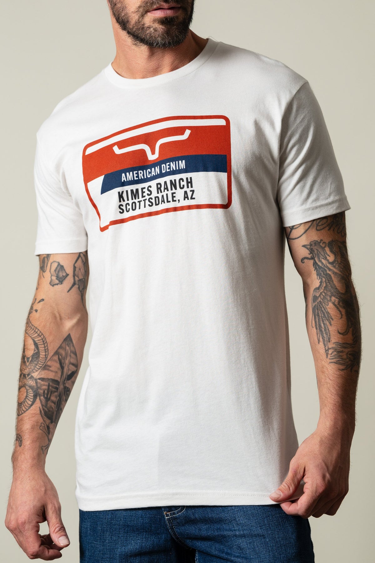 Kimes Ranch Feed Store short sleeve Bone t-shirt featuring American Denim sign graphic with Kimes Ranch Scottsdale AZ wording; #color_bone