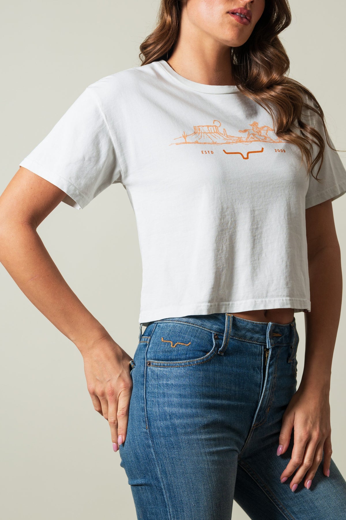 Kimes Ranch Go West short sleeve natural t-shirt with orange landscape graphic reading ESTO 2009 and steer logo; #color_natural