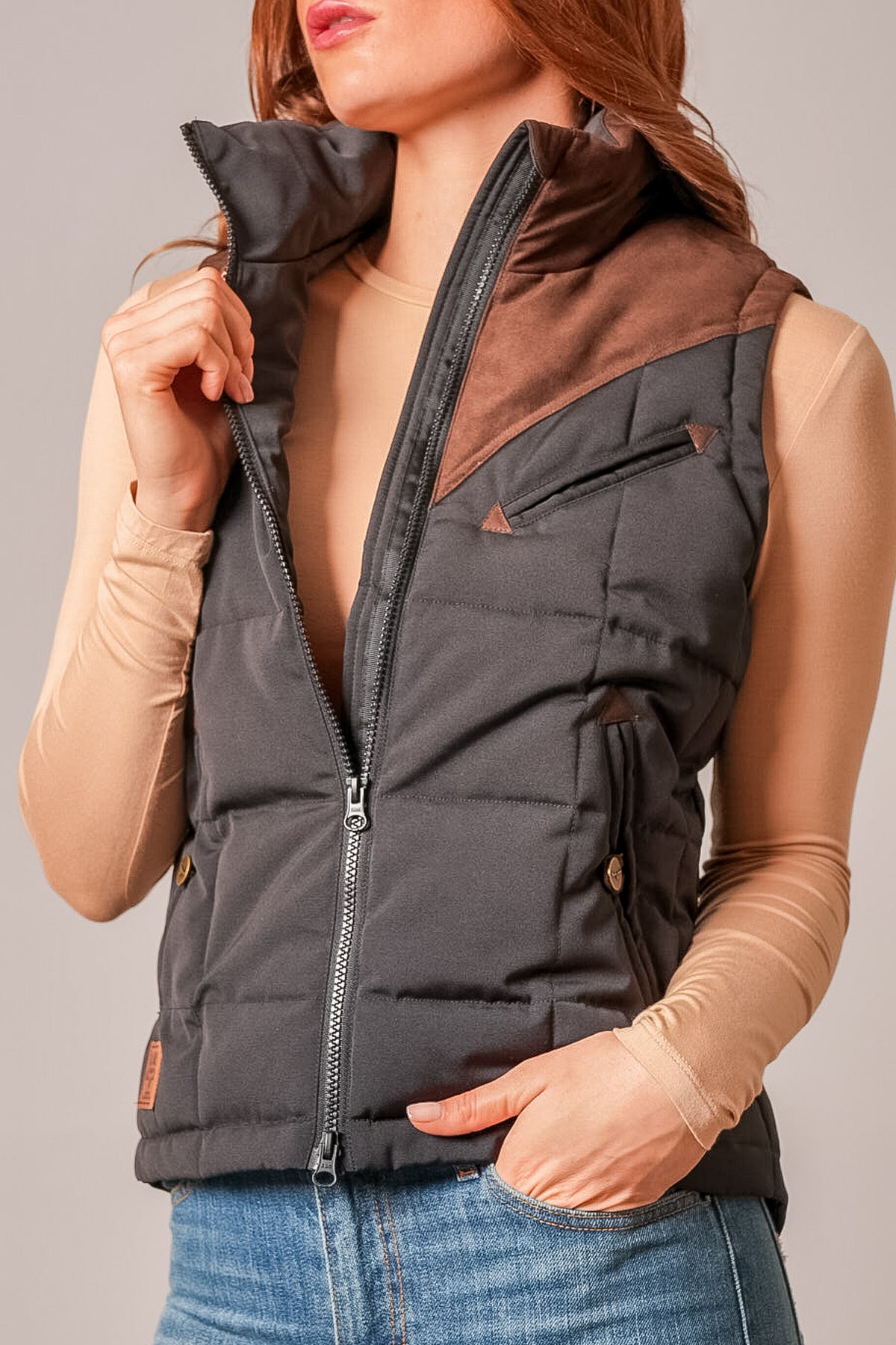Kimes Ranch Lenora Black quilted vest with high collar, full zip, contrast brown yoke and accents