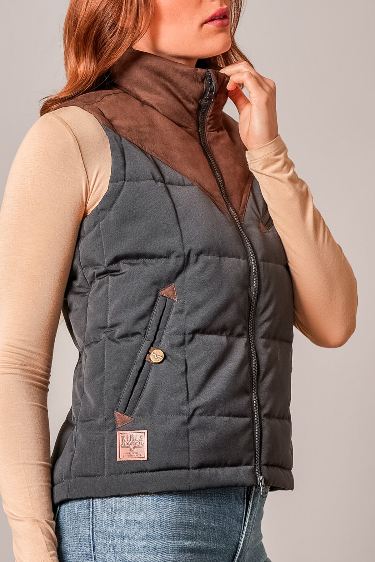 Kimes Ranch Lenora black vest with brown suede collar, full zip front