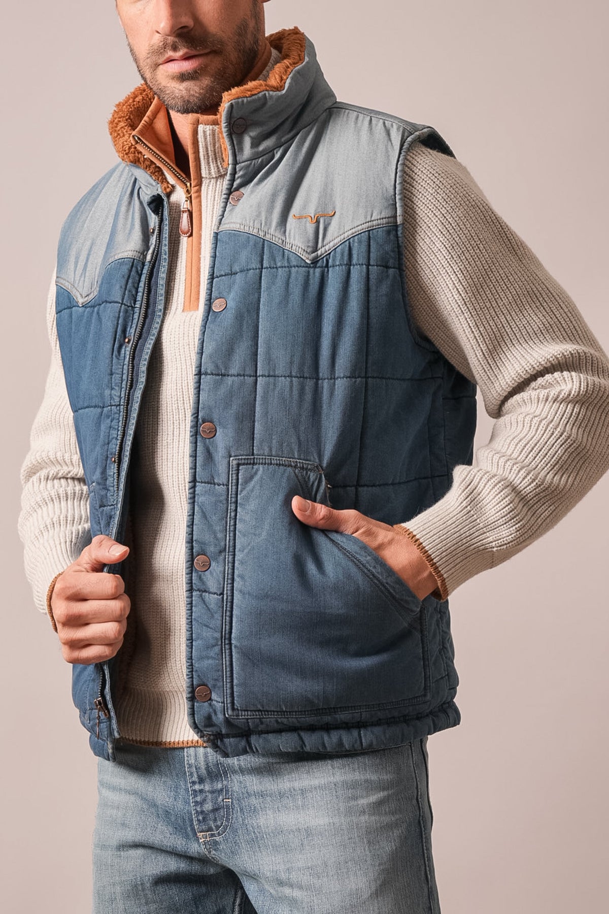 Kimes Ranch Muir Trail quilted denim vest in indigo with brown Kimes Ranch logo