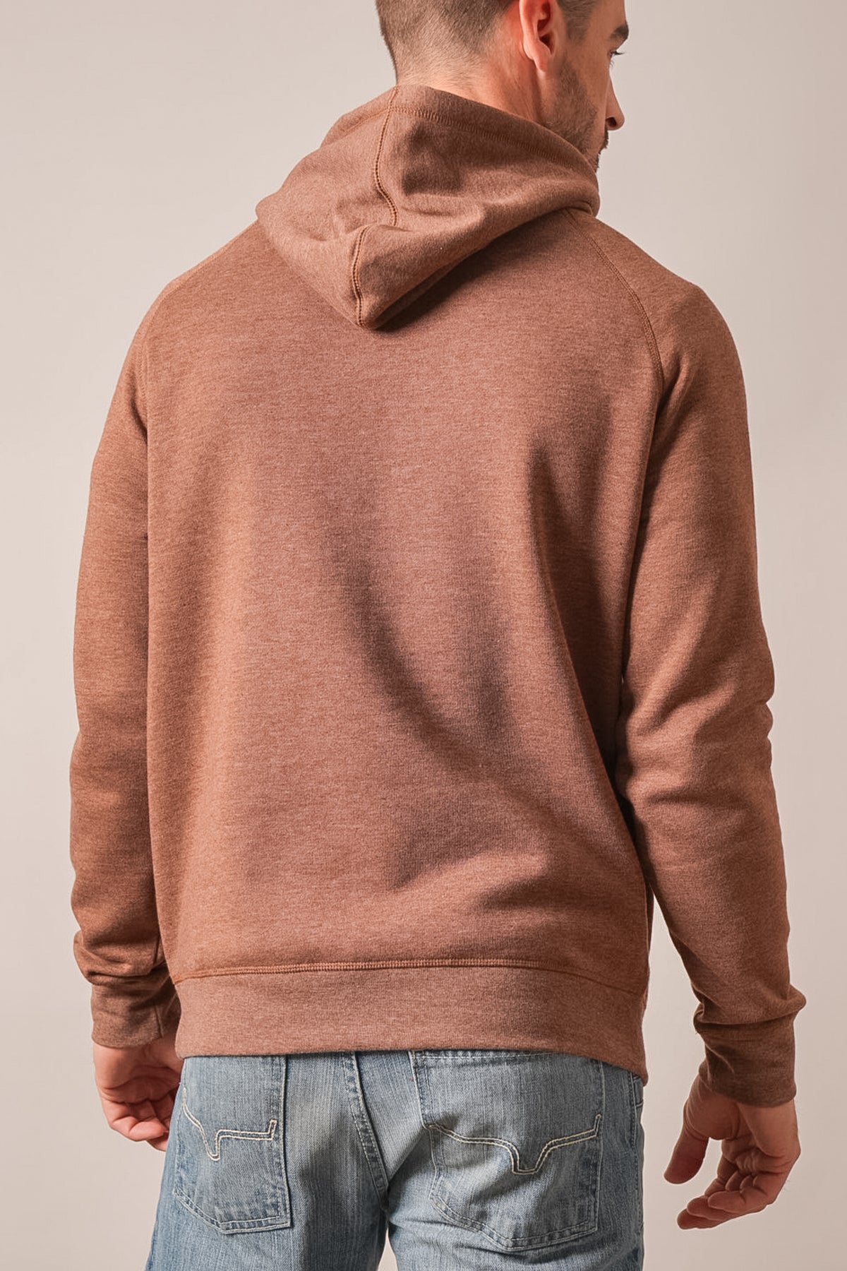 Kimes Ranch Outlier hoodie, dark brown heather, long sleeves, back view, hood