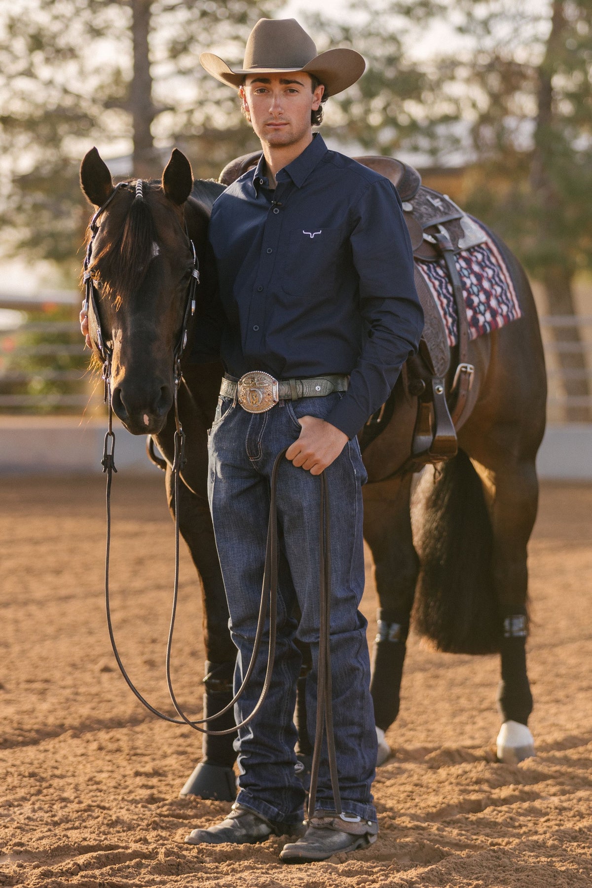 Kimes Ranch KR Team Dress Shirt in navy, long sleeve button-up with chest pocket and embroidered Kimes Ranch logo; #color_navy