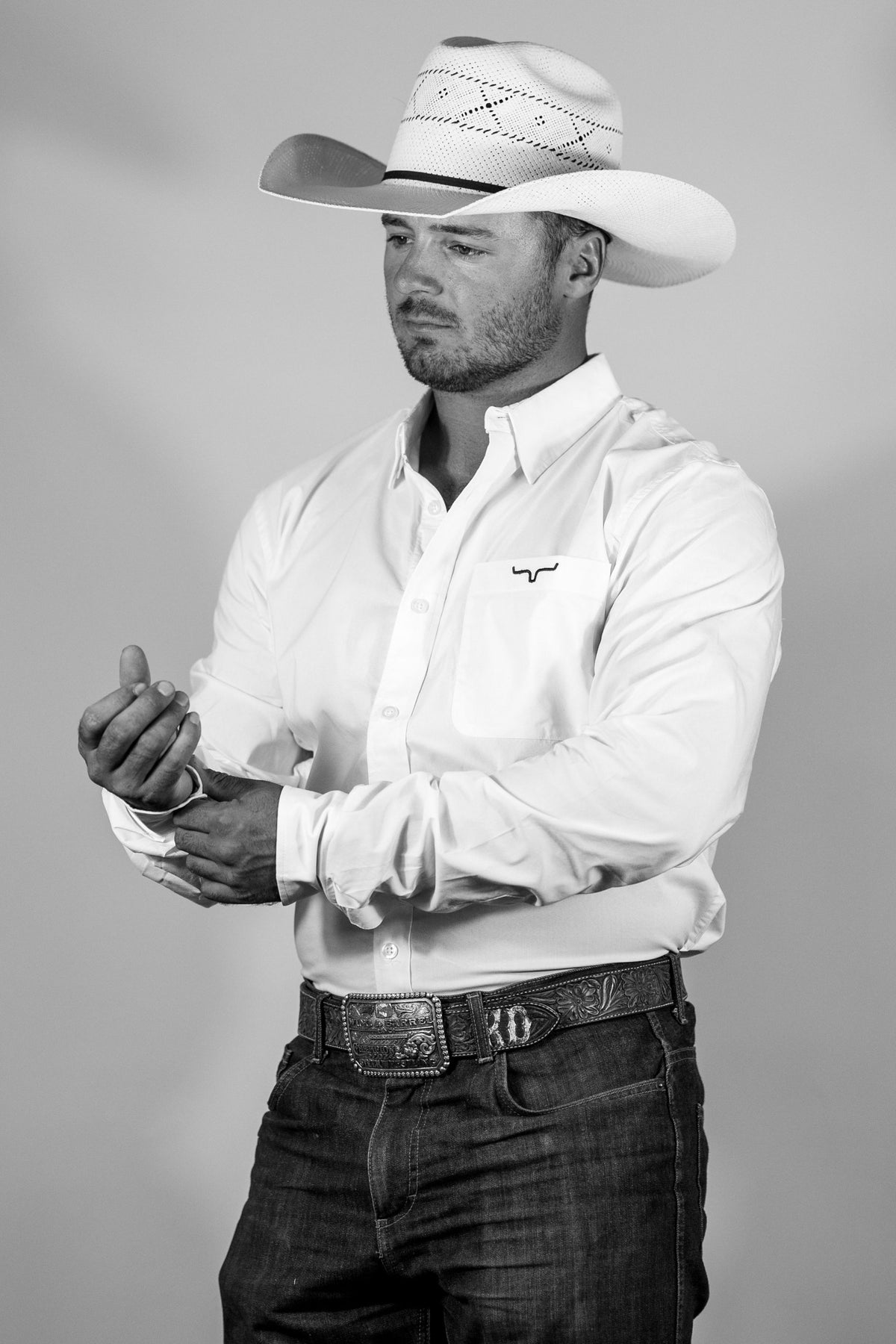 Kimes Ranch KR Team Dress Shirt in white, long sleeve, button-down collar, single chest pocket with Kimes Ranch logo